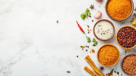 Top view of popular Indian lentils and pulses in bowls, clean background, copy spaceの素材