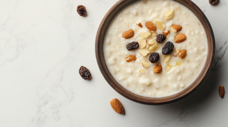 Top view of kheer topped with almonds and raisins, clean background, no people, copy spaceの素材