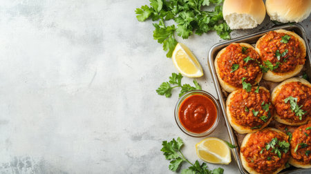 Top view of pav bhaji with buttered buns and lemon wedges, clean background, no people, copy spaceの素材