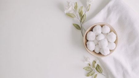 Top view of organic cotton towels, clean white background, no people, copy spaceの素材