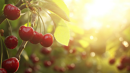 A serene image of ripe red cherries hanging from a branch in a cherry orchard bathed in soft sunlight, highlighting nature's beauty and the essence of summer harvest.の素材