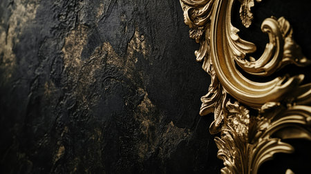 This close-up image showcases an ornate gold frame against a dark textured wall, highlighting the intricate details and luxurious aesthetics of interior design.の素材