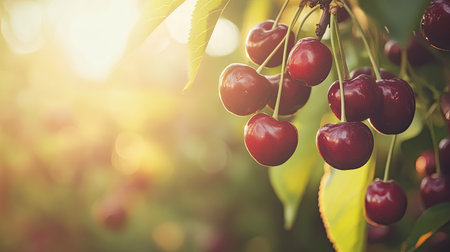A close-up view of ripe cherries hanging from a branch in soft natural light, showcasing the vibrant colors and healthy freshness of the fruit in a serene outdoor setting.の素材