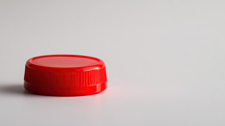 A vibrant red plastic bottle cap rests on a bright white background, showcasing its smooth surface and circular design. Ideal for product images.の素材