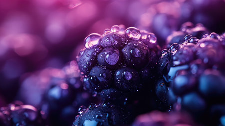 Close-up image of fresh blackberries adorned with water droplets against a vibrant purple backdrop, showcasing their rich texture and colors, perfect for food-related themes.の素材