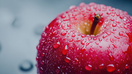 A close-up view of a fresh red apple covered in water droplets, showcasing its vibrant color and texture against a dark background, ideal for health and food themes.の素材