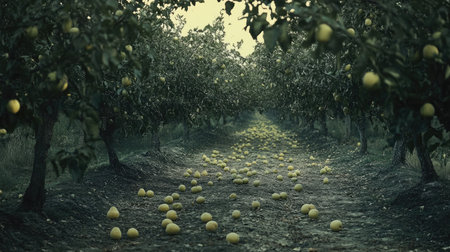 A tranquil view of a lemon orchard showcasing fallen lemons along a pathway. The setting exudes a serene atmosphere with lush greenery and sunlight filtering through the trees. Perfect for nature and agricultural themes.の素材