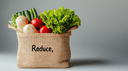 A jute bag filled with fresh vegetables like cucumbers, tomatoes, and lettuce, promoting a message of sustainability and healthy eating.の素材