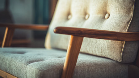 Close-up view of a cozy armchair featuring soft fabric and wooden armrests, perfect for adding warmth and style to any living space or relaxation area.の素材