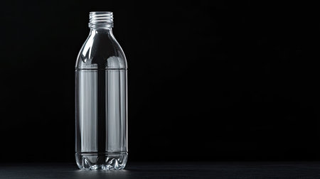 A clear plastic water bottle stands alone against a black background, emphasizing simplicity and purity. Ideal for hydration and wellness themes.の素材