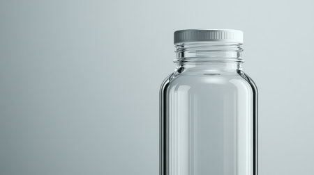 A clear glass bottle with a silver cap, perfect for showcasing products. The minimalist design emphasizes transparency, creating an ideal mockup for various uses.の素材