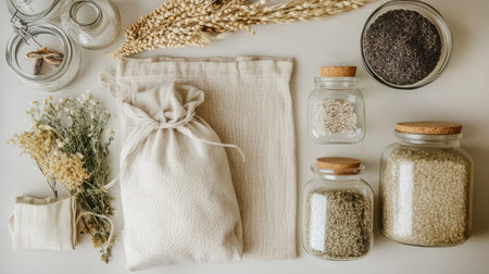 Explore a serene kitchen scene featuring jars of dried herbs, grains, and natural ingredients, styled with rustic elements and a minimalist aesthetic.の素材