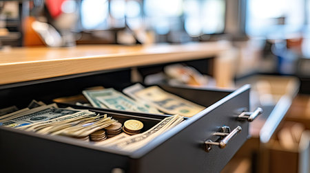 A close-up view of a cash drawer filled with neatly stacked bills and coins in a bright and organized workspace, ideal for depicting cash management and finance activities.の素材