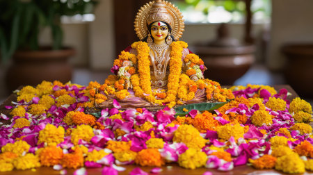 This image captures a beautifully adorned statue of a Hindu deity surrounded by vibrant flowers and petals, symbolizing devotion and celebration.の素材