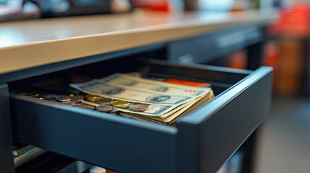 A close-up view of a cash drawer displaying bills and coins in an office environment. The image highlights aspects of cash management and organization in a professional setting.の素材