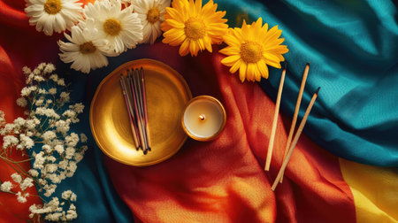 A serene arrangement featuring daisies, sunflowers, incense, and a candle atop colorful fabric. Perfect for relaxation and creating a calming atmosphere.の素材
