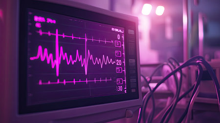 Neon-colored heart rate monitor showcasing an ECG waveform, illustrating pulse and vital signs in a clinical setting. Perfect for medical and healthcare themes.の素材