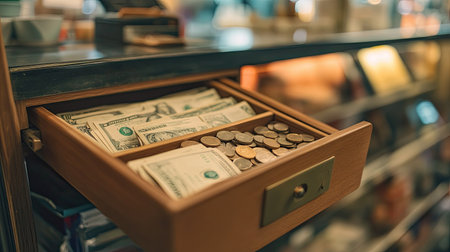 A close-up view of a cash drawer filled with various denominations of cash and coins, showcasing a retail environment where transactions occur daily.の素材
