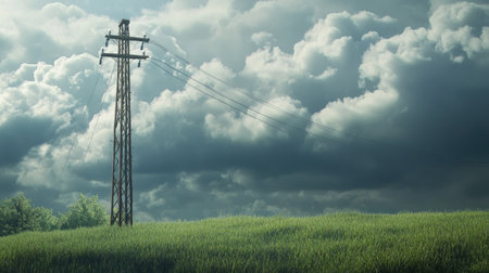 A stunning landscape featuring a lone power line tower against a dramatic sky filled with clouds, casting a serene ambiance over a lush green field.の素材