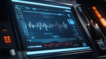 Close-up of a high-tech display panel showcasing dynamic data visualization and analytics, ideal for technology, research, and engineering projects.の素材