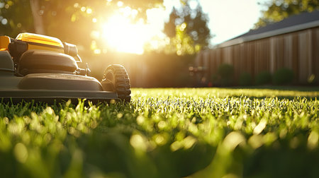 A close-up view of a lawn mower on freshly cut grass during a beautiful sunset. The glowing sunlight creates a warm atmosphere, perfect for outdoor maintenance.の素材