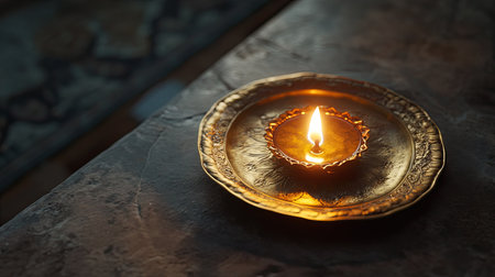 An elegant antique brass plate with a lit candle creates a warm, inviting atmosphere. The soft glow of the flame enhances the tranquil ambiance, perfect for home decor.の素材