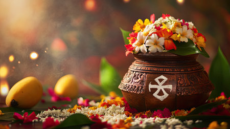 A traditional clay pot adorned with vibrant flowers and surrounded by mangoes, perfect for celebrating cultural festivals. The serene background creates a festive atmosphere.の素材