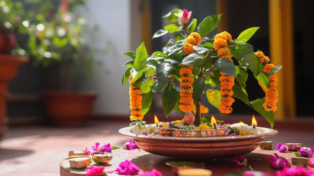 A vibrant indoor display featuring a flowering plant adorned with radiant marigold garlands. This festive arrangement creates a joyful atmosphere, perfect for celebrations.の素材