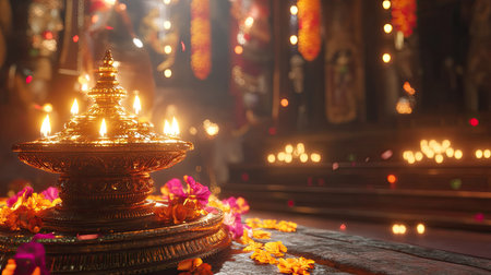 A stunning depiction of an oil lamp surrounded by vibrant flower petals, symbolizing celebration and spirituality during a festive celebration in India.の素材