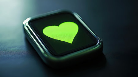 A sleek smartwatch shows a glowing green heart symbol, representing health and wellness. Perfect for themes of technology, fitness, and medical tracking.の素材