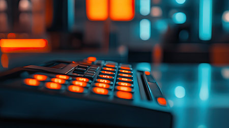 A striking close-up image of a modern calculator featuring vibrant backlit buttons in orange and blue. Perfect for business and technology themes.の素材