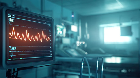 A close-up view of a medical monitor displaying vital signs in a hospital room. The monitor shows a heartbeat graph in a high-tech healthcare environment.の素材