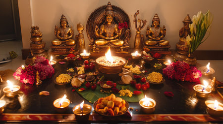 A vibrant celebration scene featuring traditional Indian decor with idols, flowers, and lit lamps. This image captures the essence of spiritual festivities and community togetherness.の素材