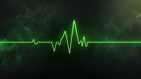 This image features a vibrant green heartbeat line set against a dark background, enhanced by a subtle smoke effect, representing health and vitality.の素材