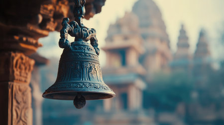 A beautifully crafted temple bell hangs in focus against a blurred backdrop of ancient architecture. This image captures the serenity and intricate details of spiritual heritage.の素材
