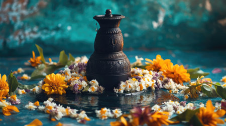 A beautifully crafted traditional Indian pot rests gracefully in water, surrounded by vibrant flowers. This serene composition reflects cultural richness and artistic heritage.の素材