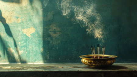 A serene bowl of incense emits gentle smoke against a textured wall, creating a peaceful atmosphere ideal for relaxation and meditation practices.の素材