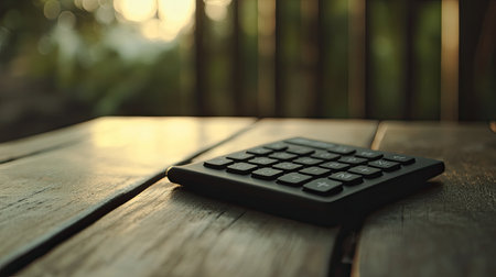 A close-up view of a black calculator resting on a rustic wooden table, illuminated by soft natural light. Perfect for business and technology themes.の素材