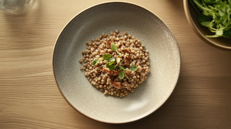 A beautifully arranged plate of gourmet pearl pasta garnished with fresh herbs. This elegant dish showcases the artistry of culinary presentation in natural light. Perfect for food enthusiasts.の素材