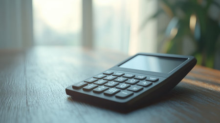 A sleek modern calculator rests on a wooden table, illuminated by natural light. This image captures a blend of simplicity and functionality, ideal for business themes.の素材