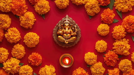 A vibrant scene featuring a Ganesh idol surrounded by bright marigold flowers and a glowing diya, perfect for celebrating spirituality and culture during festive occasions.の素材