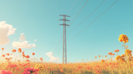 A striking view of power lines towering over a colorful flower field. The scene captures the harmony of nature and utility under a clear blue sky, evoking tranquility.の素材