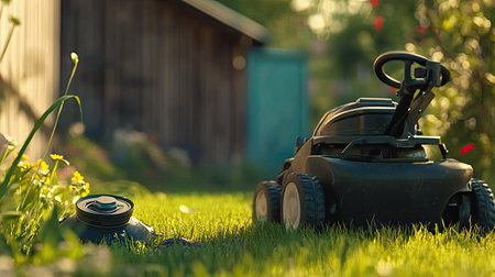 Captivating scene of a black lawn mower resting on lush green grass, surrounded by vibrant flowers and a wooden shed in the background under soft sunlight.の素材