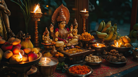 Vibrant altar scene featuring statues of goddesses surrounded by various offerings, fruits, and traditional decorations. Warm lighting creates a serene atmosphere for celebration.の素材
