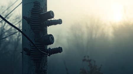 A vintage electric pole adorned with insulators stands against a foggy backdrop at dusk. The serene and atmospheric scene captures nature and technology harmoniously.の素材