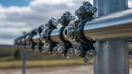 Close-up view of a metal pipe connection featuring sturdy fittings, showcasing industrial craftsmanship and engineering in a natural setting.の素材