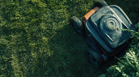 This aerial image showcases a lawn mower on a freshly cut grassy area, emphasizing the beauty of summer gardening and meticulous lawn care.の素材
