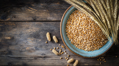 A bowl filled with raw sesame seeds sits on a rustic wooden table, accompanied by wheat. This composition showcases natural ingredients ideal for healthy cooking and nutrition.の素材