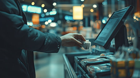 A shopper interacts with a self-checkout machine in a contemporary retail environment. The image captures the essence of modern shopping convenience and technology.の素材