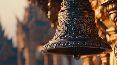 An intricately designed traditional bell hangs in a serene temple setting, showcasing beautiful craftsmanship against a warm golden backdrop, inviting contemplation.の素材